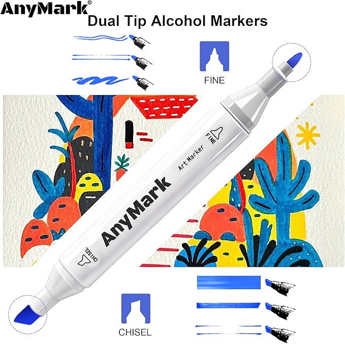 AnyMark Alcohol Markers, 100 Colors Dual Tip Art Coloring Markers Set for Adult Book Drawing Sketching Painting, Chisel & Fine, White Penholder
