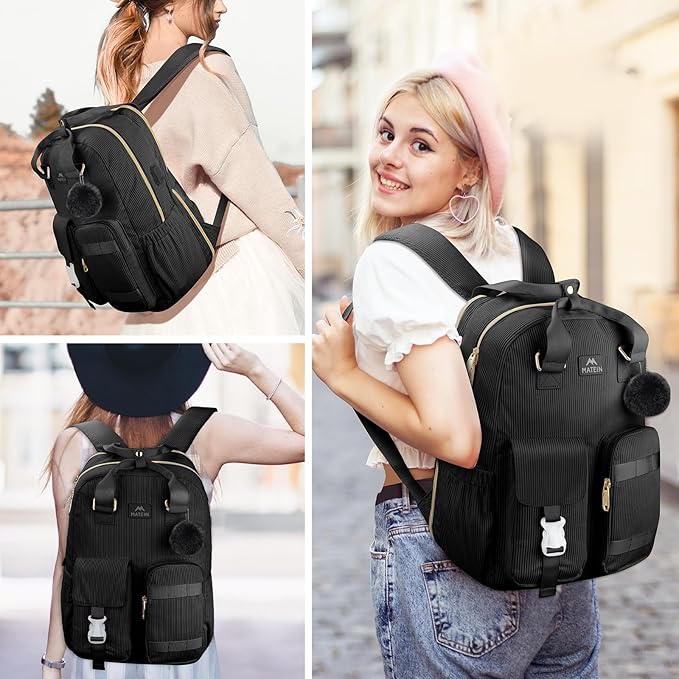 MATEIN Cute Laptop Backpack for Women, 15.6 Inch Corduroy Computer College Backpack with USB Charging Port, TSA Lightweight Aesthetic Back Pack Travel Laptop Daypack for Work Nurse Teacher Gift, Black