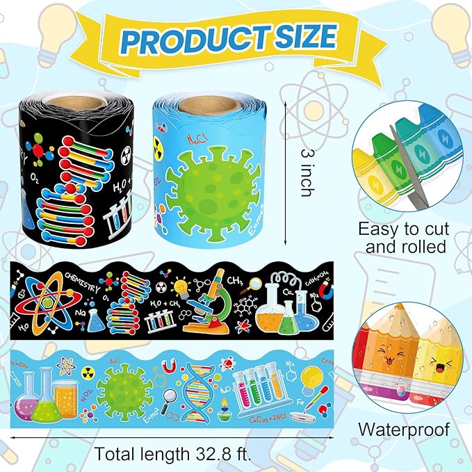 2 Rolls Science Bulletin Board Borders, 65.6 Ft Science Lab Scalloped Border Trim Scientific Theme Classroom Bulletin Board Border Trim for Back to School Classroom Wall Chalkboard Decor