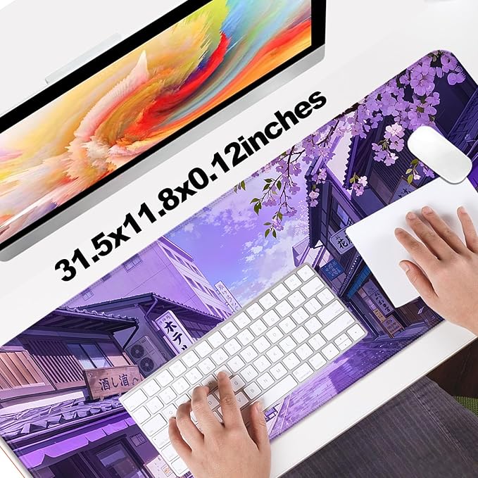 Japanese Anime Purple Cherry Blossom Street XL Large Desk Mat, Extended Long Desk Pad for Gaming and Office, Non-Slip Rubber Base, Comfortable Surface Mouse Pad, 31.5x11.8 in (H16)