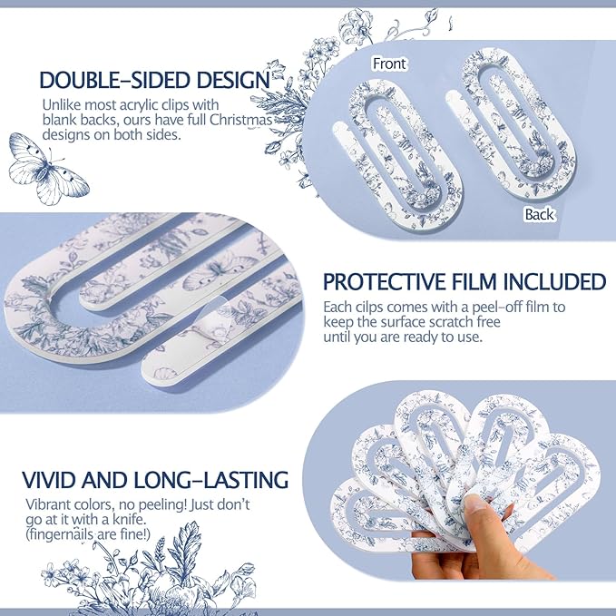 Tinlade 12 Pcs Blue Floral Jumbo Acrylic Paper Clips 4 x 2 Inch Blue and White Cute Giant Paperclips for Teachers Students Classroom Office Bookmark Gift Home Desk Accessories Book Lovers