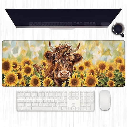 Highland Cow and Sunflower Gaming Mouse Pad, Extended Bright Floral Desk Mat Computer Laptop Mousepad, Robust Stitched Edges, 31.5"×11.8" Large Office Keyboard Mouse Pads for Desktop Decor