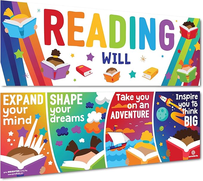 Sproutbrite Classroom Decorations - Reading Banner and Poster for Teachers - Bulletin Board and Wall Decor for Pre School, Elementary and Middle School Themes