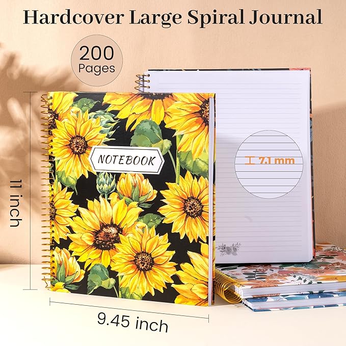 CAGIE Spiral Notebook 8.5 x 11 Aesthetic Hardcover Notebooks College Ruled with Large Pocket Floral Note Book Spiral Bound Journal Notebooks for Work Note Taking Women Writing School, Sunflower