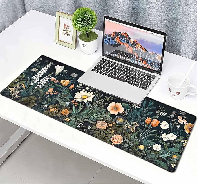 Vintage Wildflowers Floral Large Mouse Pad, Desk Mat Computer Keyboard Pad Non-Slip Rubber Base Waterproof with Stitched Edges for Laptop Gaming, Office & Home 31.5 x 11.8 Inch