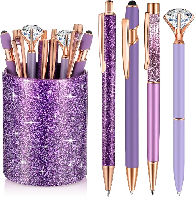 Sabary 8 Pcs Purple Pens with Pen Holder for Desk Glitter Crystal Diamond Cute Ballpoint Fancy Pencil Holder Bling Desk Organizer for Women Girls Gifts School Office Christmas Supplies