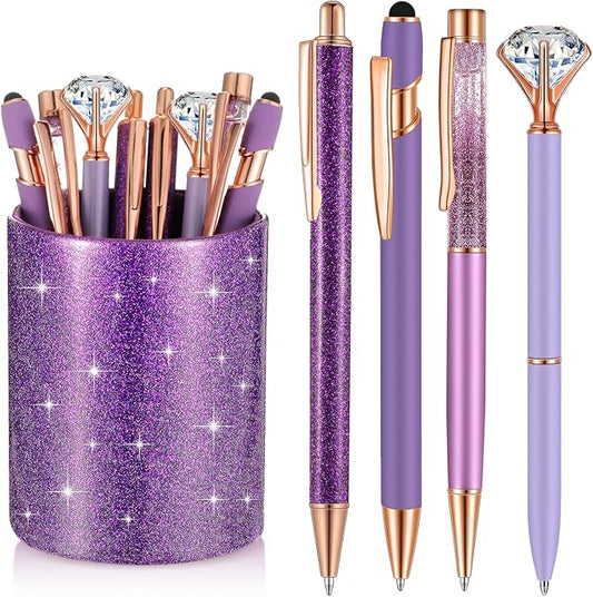 Sabary 8 Pcs Purple Pens with Pen Holder for Desk Glitter Crystal Diamond Cute Ballpoint Fancy Pencil Holder Bling Desk Organizer for Women Girls Gifts School Office Christmas Supplies