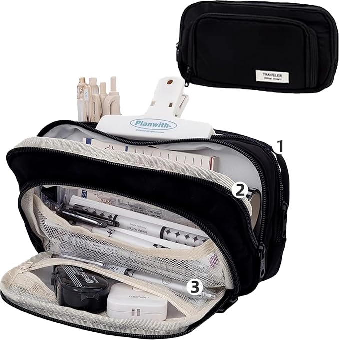 Big Capacity Pencil Case 3 Compartments Large Pencil Pouch Pen Bag Pencil Box Holder Organizer Simple Storage Aesthetic Stationery Cosmetic for Adults Men Women Office Essentials (Black)
