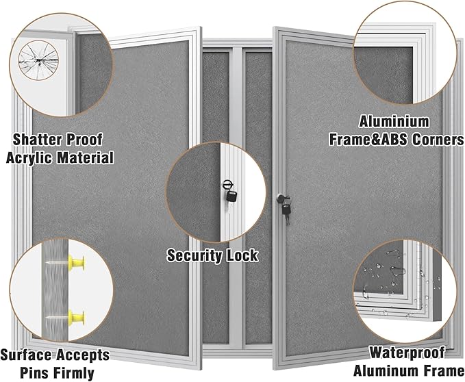 Mifuro 48"x34" Enclosed Bulletin Board, Outdoor Lockable Weather-Resistant Aluminum Cork Noticeboard for School & Office, Silver Frame w/Grey Flet