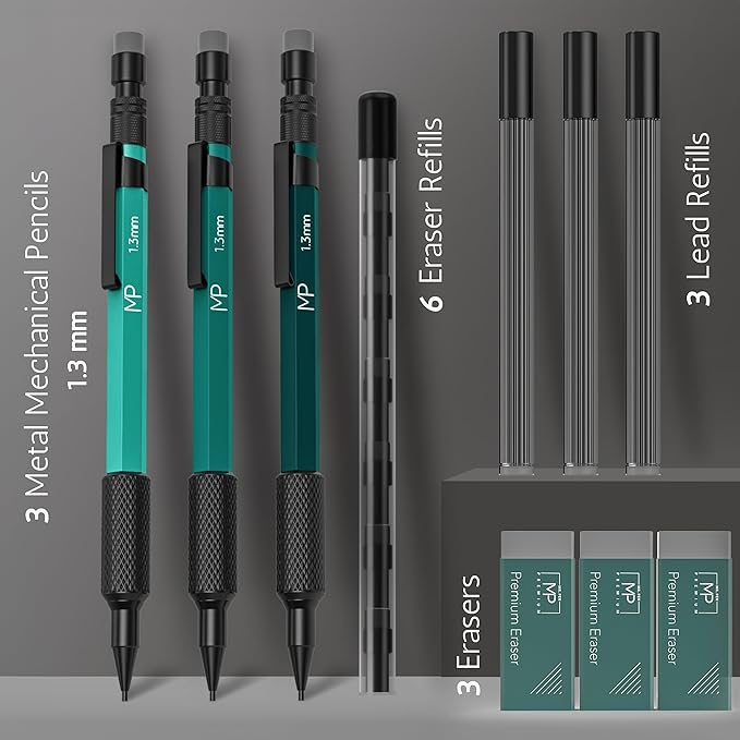 Mr. Pen- Metal Mechanical Pencils Set with Lead and Eraser Refills, 3 Pack, 1.3 mm Mechanical Pencil Metal