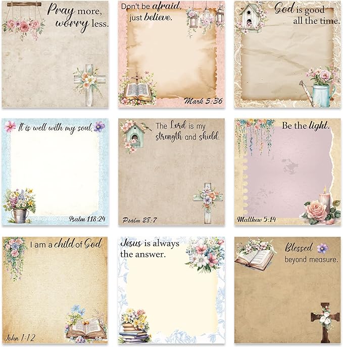 Floral Bible Sticky Notes Gifts - 9 Pack Vintage Flower Bible Verse Notepads 3x3 Inches, Religious Faith Gifts for Christian Women, Biblical Memo Pads School Office Supplies (450 Sheets)