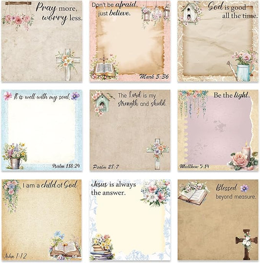Floral Bible Sticky Notes Gifts - 9 Pack Vintage Flower Bible Verse Notepads 3x3 Inches, Religious Faith Gifts for Christian Women, Biblical Memo Pads School Office Supplies (450 Sheets)