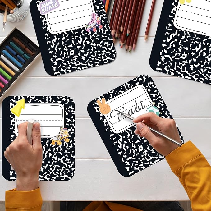 Starboling 36 Pcs Name Tags,6 x 7 Inch Adhesive Desk Nameplates Composition Notebook for Classroom Elementary,Kindergarten,Preschool Teacher Supplies