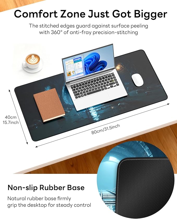 XL Gaming Mouse Pad, 31.5x17.5'' Large Desk Mat with Anti-Slip Rubber Base & Stitched Edges for Gaming, Office, Home - Dark Tunnel