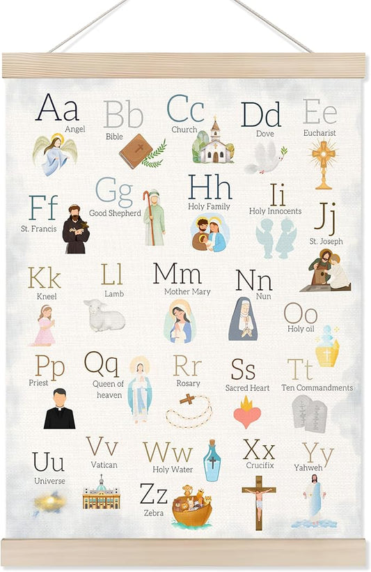 Koesus Christian Alphabet Wall Art Poster Hanger Frame 12x16 Inch, Bible Alphabet ABC Educational Canvas Pictures Prints Framed Wall Decor for Toddler Nursery Classroom Preschool
