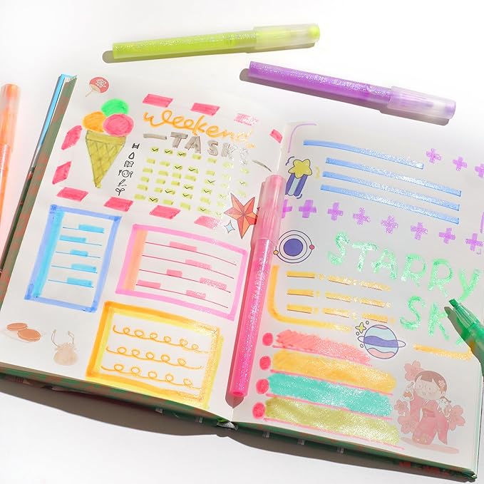 Glitter Highlighters,10Pcs Sparkle Glitter Markers,Chisel Tip Glitter Pens,Glitter Highlighter Assorted Colors ,Mess Free Sparkle Markers,Colorful Supplies for Drawing,Coloring,Journaling,Scrapbooking