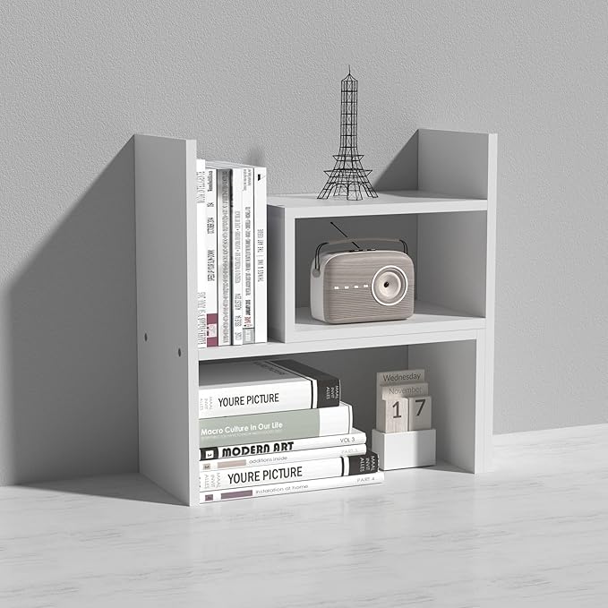 MASAKA B&W - Kawaii Storage Desktop Organizer for Your Desk Space, Double H Plants Display Shelf, Home Office Storage Rack Adjustable Stackable for Office, Dormitory (White*02)