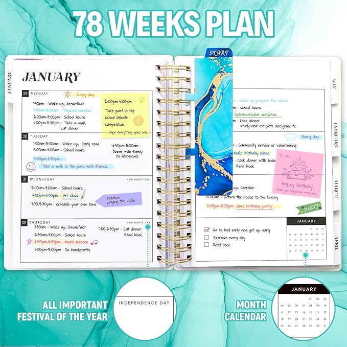 Planner 2026-2027, Large 18 Months Academic Daily Weekly Monthly Planner Yearly Agenda Jan. 2026–June. 2027, 7.9" x 9.8", Page Tabs, Separator Page, Pocket Folder, Bookmark, Stickers, Sticky Note Set