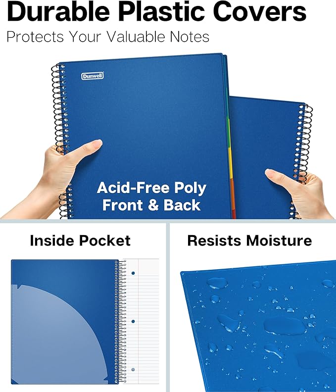 Dunwell 5-Subject Spiral Notebook, College Ruled (Blue), Colorful Movable Pocket Dividers with Tabs, Front/Back Plastic Covers, 200 Sheets (400 Pages) of 3-Hole Punch Perforated 8.5x11 Paper