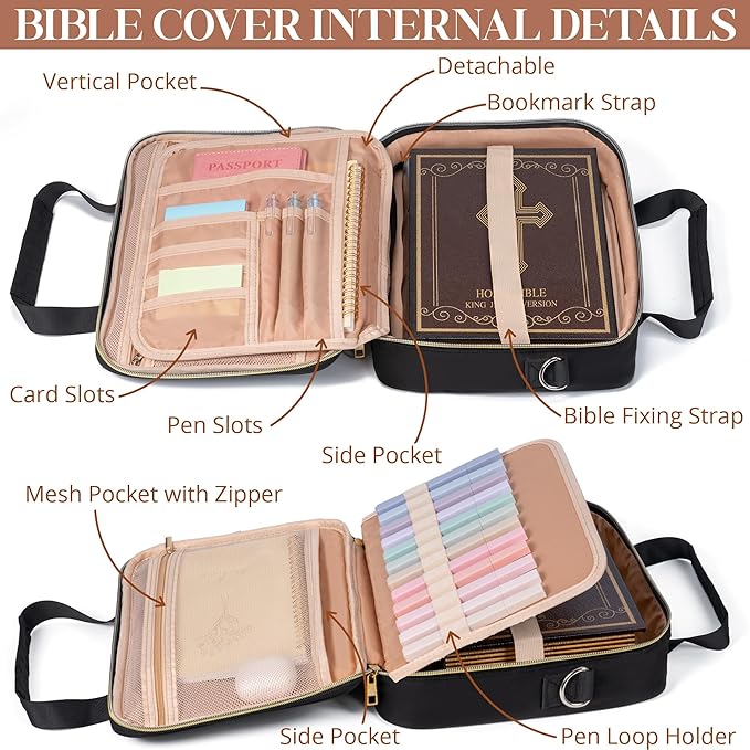 Bible Cover Case for Women, Large Bible Bag w/Shoulder Strap, Bible Study Supplies Journaling Kit Pink Book Carrying Case with Pastel Highlighter Tabs, Valentines Day Christian Gifts for Women Her Mom