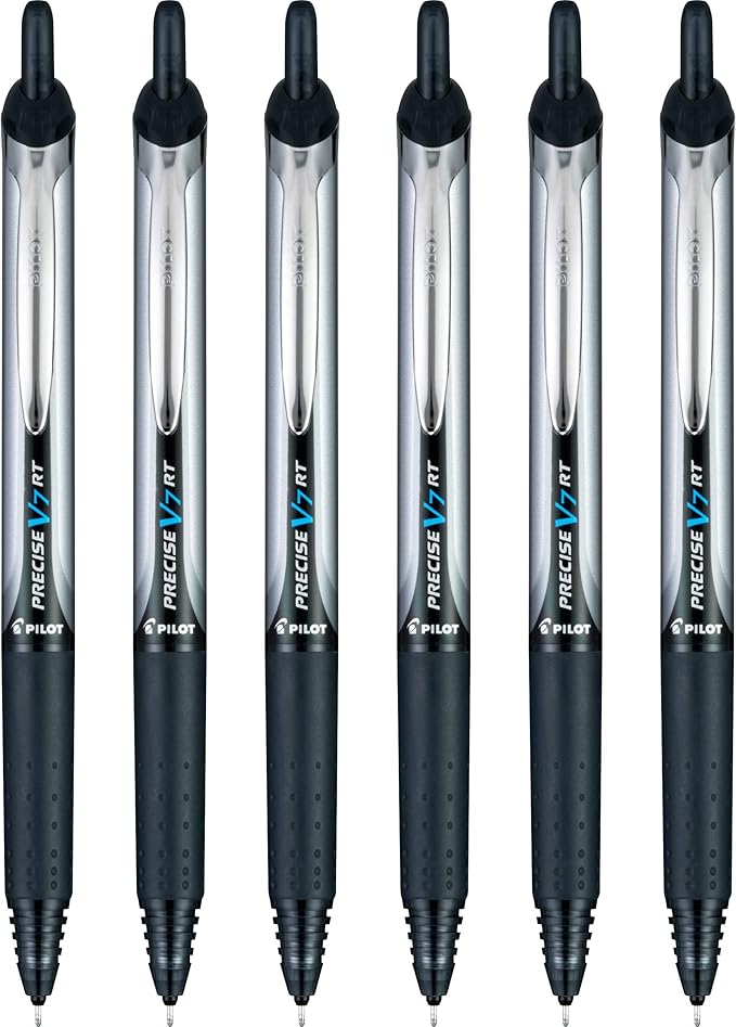 Pilot Precise V7 RT Refillable & Retractable Liquid Ink Rollerball Pens, Black Ink Pens, Fine Point (0.7 mm), 6-Pack - Ideal for School, Journaling, and Office Writing