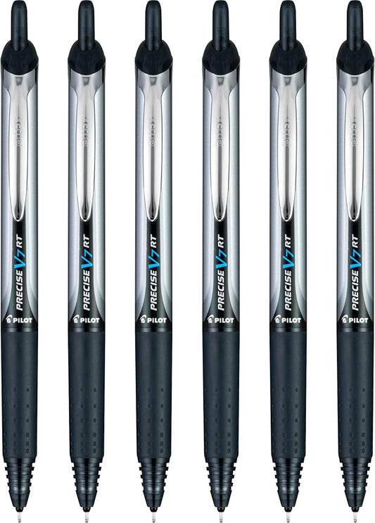 Pilot Precise V7 RT Refillable & Retractable Liquid Ink Rollerball Pens, Black Ink Pens, Fine Point (0.7 mm), 6-Pack - Ideal for School, Journaling, and Office Writing