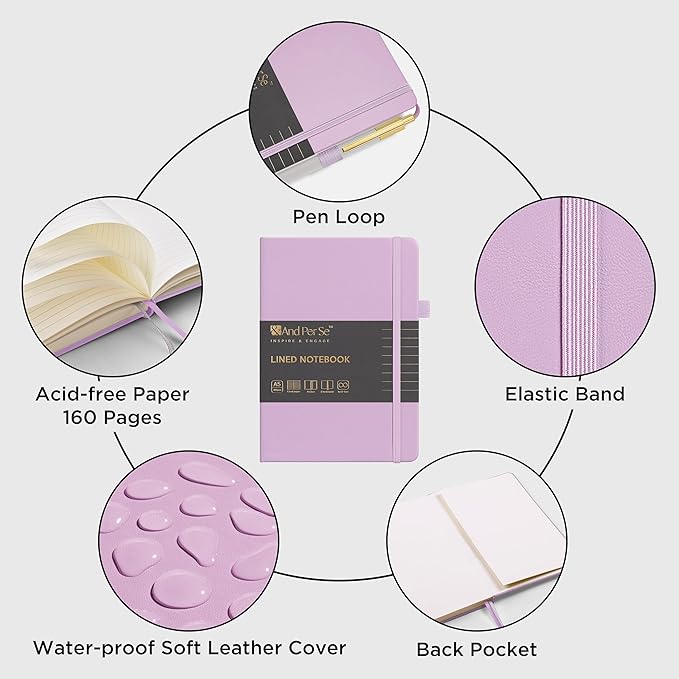 &And Per Se Lined Journal and Pen Set, A5 Leather Hardcover Notebook with Pen & Stationary Set, 160 Pages Journal for Business Work Writing, Valentine's Day Gift Set for her (Purple, Gift Set)