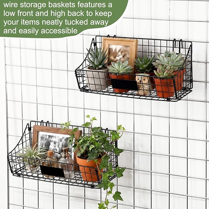 Blulu 4 Pcs Wire Wall Basket, Black Metal Grid Basket with Hooks Wall Hanging Storage Accessory for Vendor Trade Shows Kitchen Bathroom Pantry Supplies(15 x 7 x 6 Inch)