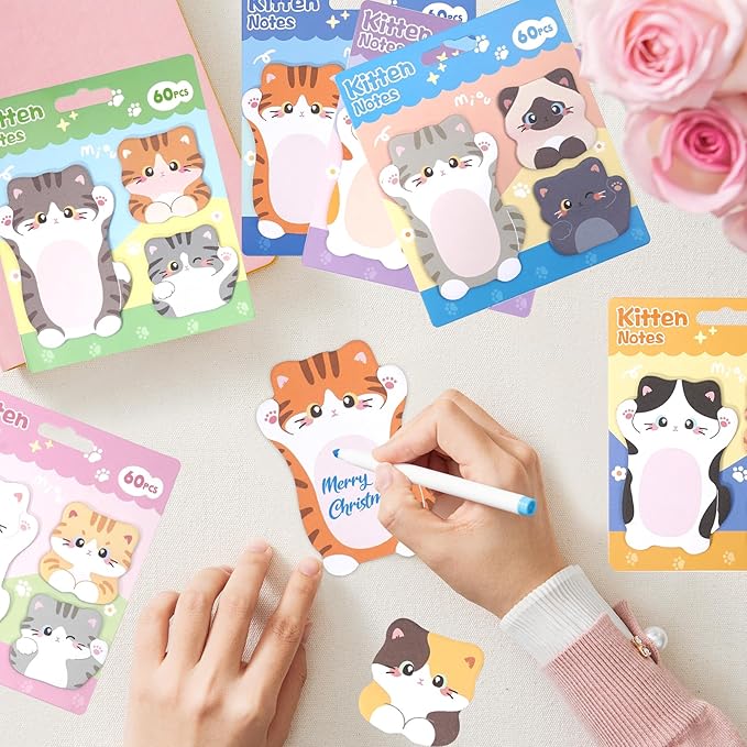 Cute Kitten Cat Shaped Sticky Notes Set - 6 Kawaii Animal Memo Note Pads with Cartoon Cats Design - 360 Sheets Themed Stationery Notepad for School, Office Supplies, Gifts for Cat Lovers