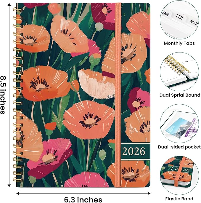 2026 Planner, Weekly and Monthly Planner for Women, January 2026 to December 2026, Pretty Hardcover 2026 Calendar Planner Book with Tabs, Inner Pocket, Spiral Bound, Perfect Office Home School Supplies - 6.3" x 8.5", Golden Blush
