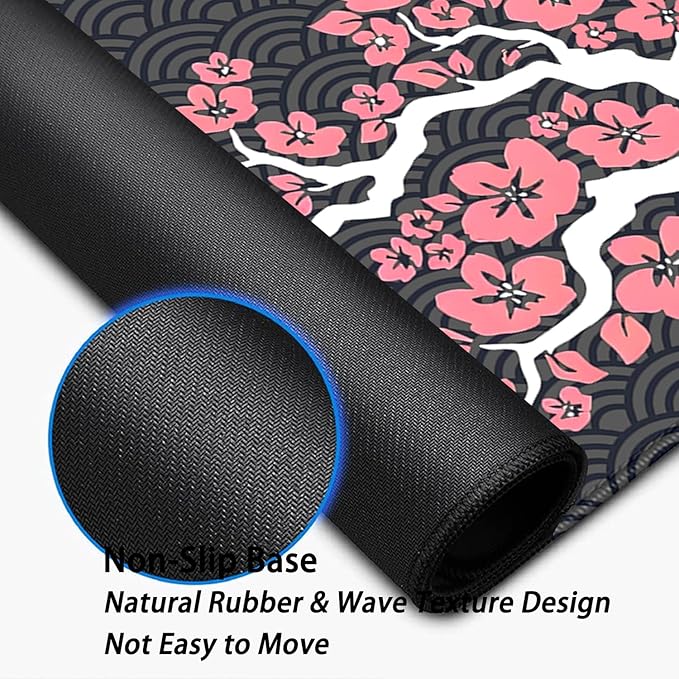 Cherry Blossoms and Waves Desk Pad Mouse Pad,Expand XL Mouse Mat with Stitched Edges,Non-Slip Rubber Base Large Mousepad for Office PC Keyboard Laptop and Homework Desk Mat(31.5X11.8 in)