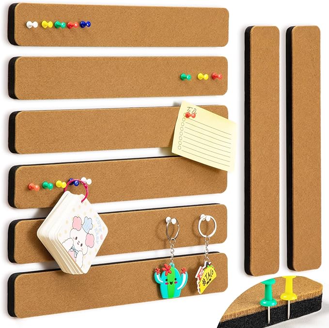8Pcs Bulletin Board Strips, Self-Adhesive Felt Pin Board Bar Strips with 50 Pushpins, No Damage for Wall, Felt Cork Board Strips for Paste Notes, Photos, Schedules as Classroom Office Home Decor