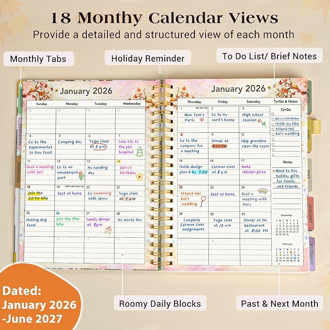 Planner 2026-2027, 18 Months Weekly and Monthly Daily Planner from January 2026 - June 2027, 8.5" x 11" A4 Large Hardcover Agenda Organizer Book 2026 with Tabs, Spiral Yearly Calendar Planners for School Work Home, Colorful Botanicals