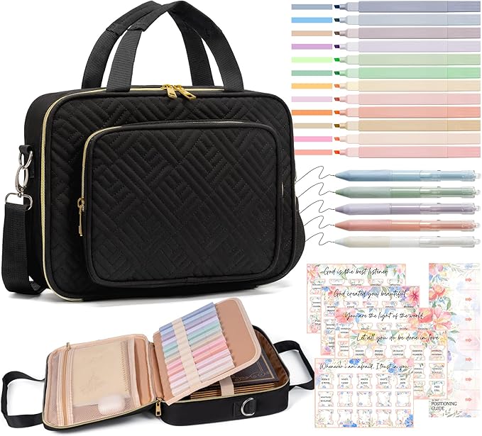 Bible Cover Case for Women, Large Bible Bag w/Shoulder Strap, Bible Study Supplies Journaling Kit Book Carrying Case with Pastel Highlighters 75 Tabs, Valentines Day Christian Gifts for Women Her Mom