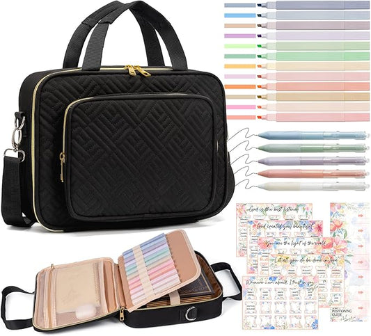 Bible Cover Case for Women, Large Bible Bag w/Shoulder Strap, Bible Study Supplies Journaling Kit Book Carrying Case with Pastel Highlighters 75 Tabs, Valentines Day Christian Gifts for Women Her Mom