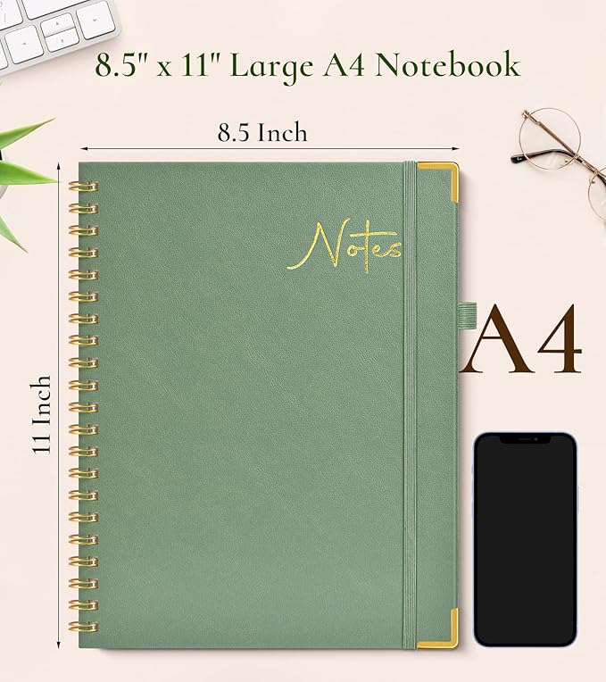 Hardcover Spiral Notebook Journal 8.5” x 11”, A4 Large Leather Notebooks for Women Men, Lined College Ruled Notebook, 100 GSM Paper, Spiral Bound Journals for Work School Note Taking Business, Green