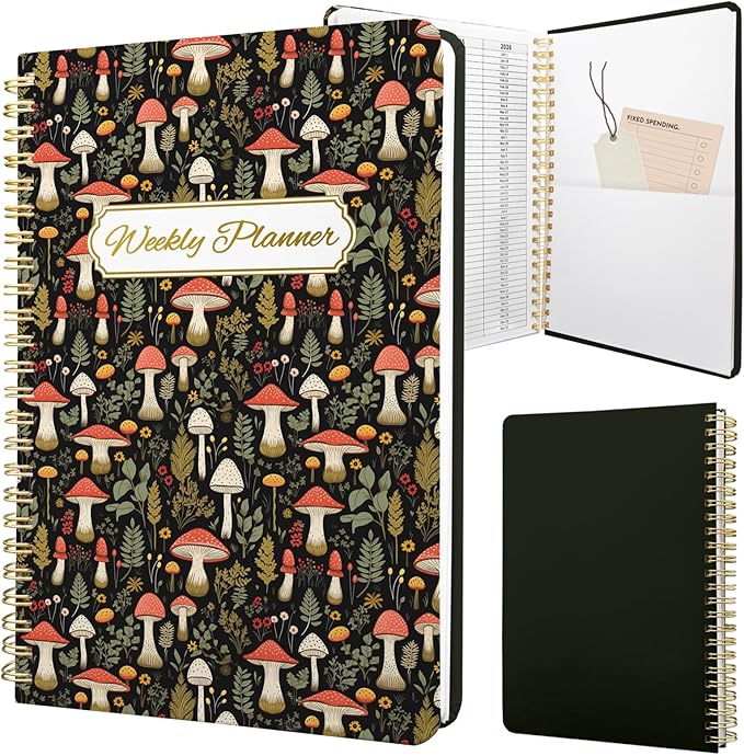 Weekly Planner Undated - 52 Weeks To Do List Notebook A5 for Work: Weekly Task, Habit Tracker Journal, Goal Setting, Agenda Sprial Bound Organizer Book for Women Cute Stylish Design, Mushroom