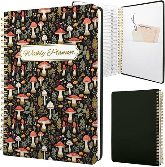 Weekly Planner Undated - 52 Weeks To Do List Notebook A5 for Work: Weekly Task, Habit Tracker Journal, Goal Setting, Agenda Sprial Bound Organizer Book for Women Cute Stylish Design, Mushroom
