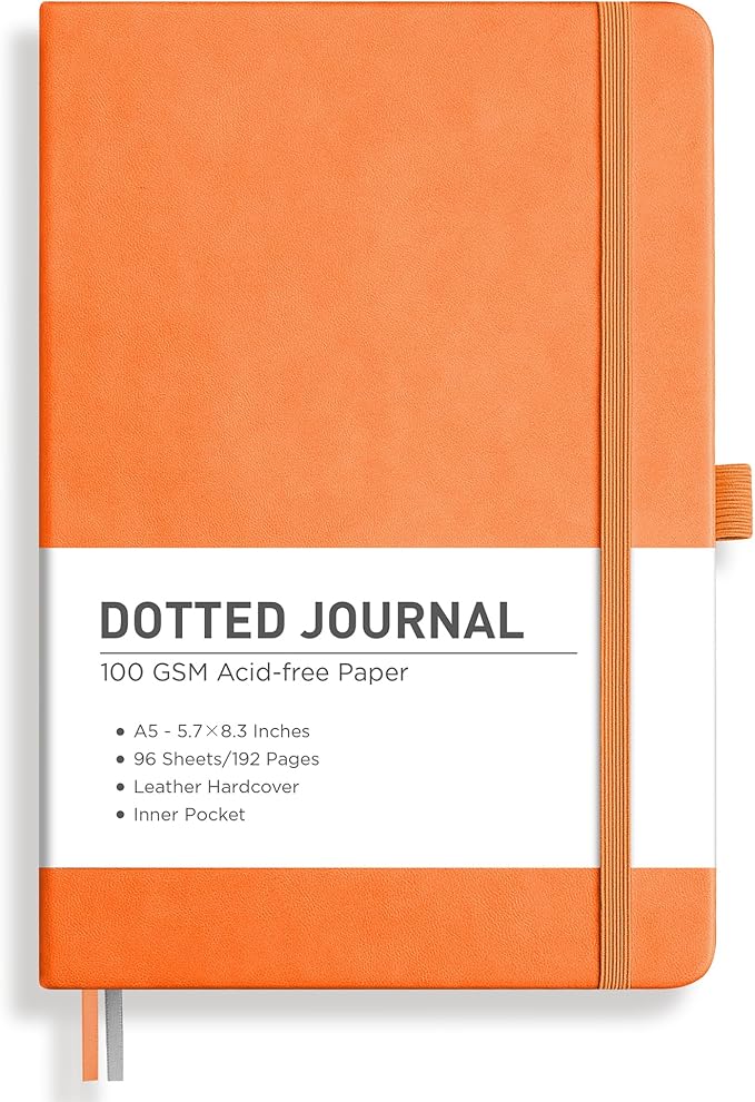 RETTACY Dotted Journal Notebook, 192 Pages, A5 Medium Size (5.7'' x 8.3''), Leather Hardcover, 100 GSM Thick Paper, for Bullet Journaling, Planning, Tracking (Orange)
