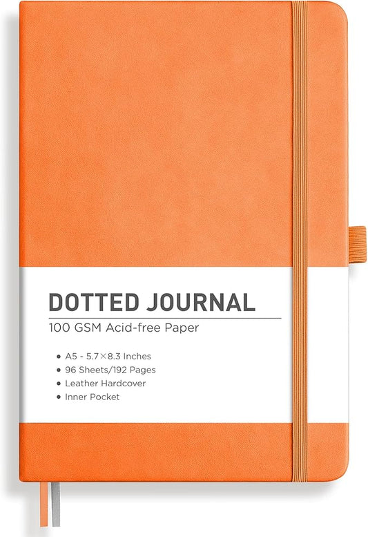 RETTACY Dotted Journal Notebook, 192 Pages, A5 Medium Size (5.7'' x 8.3''), Leather Hardcover, 100 GSM Thick Paper, for Bullet Journaling, Planning, Tracking (Orange)