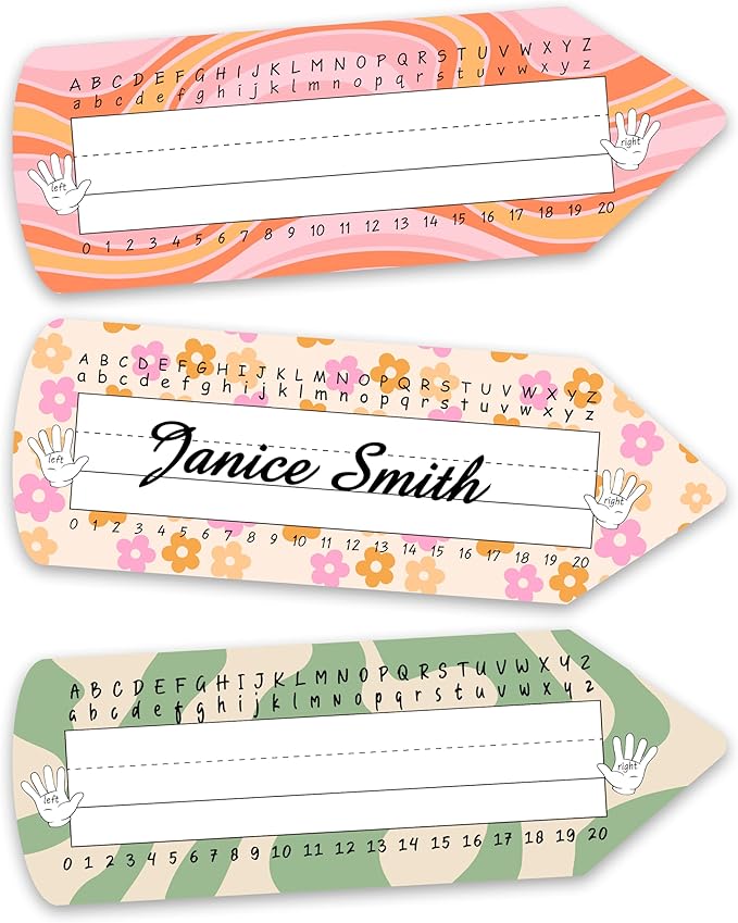 Pencil Name Tags, Self Adhesive Groovy Name Tags for Classroom, Pencil Stickers Decorations for Student Desks, Labels for Kindergarten Locker, 06