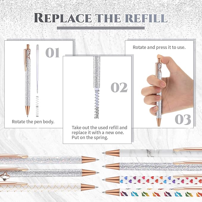 Sherr 7 Pcs Fancy Pens for Women Cute Sparkly Glitter Pens with 10 Pcs Black Ink Refills Pretty Gifts for Girls Office School Christmas Graduation(Novel)