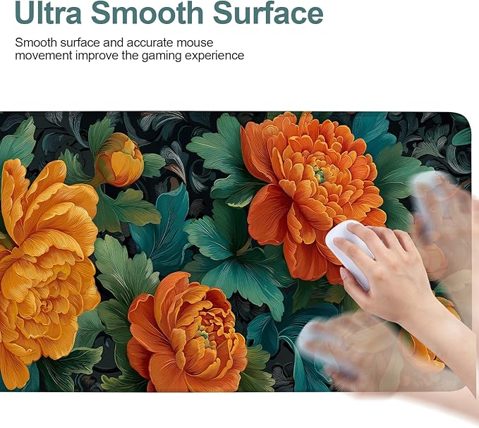 Retro Flower Extended Gaming Mouse Pad 31.5x11.8inches Large Desk Mat Anti-Slip Rubber Base & Durable Stitched Edges for Gamers Smooth Mouse Writing Surface for Desk Office/Home