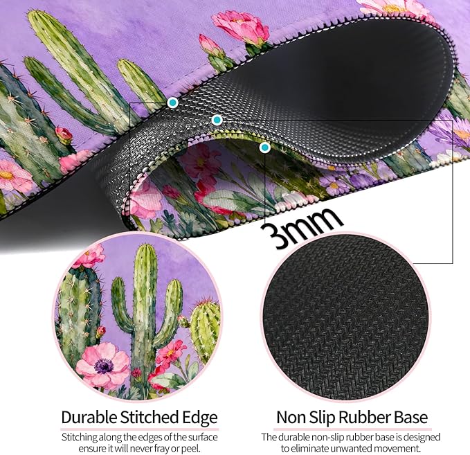 Beautiful Purple Watercolor Cactus XL Large Desk Mat, Extended Long Floral Aesthetics Desk Pad for Gaming and Office, Non-Slip Rubber Base, Comfortable Surface Mouse Pad, 31.5x11.8 in (H08)