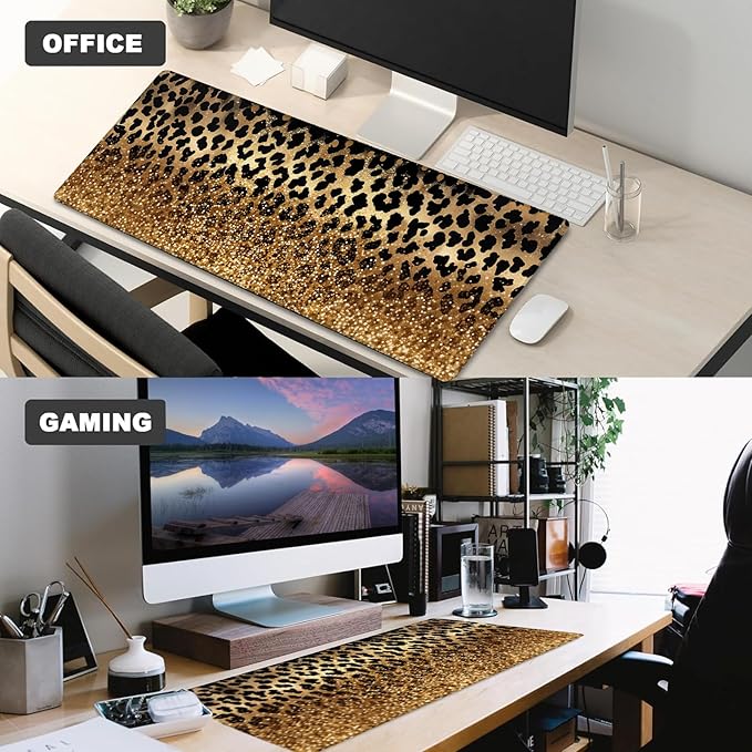 Leopard Print Glitter Gaming Mouse Pad – 12x31.5in Large Non-Slip Rubber Desk Mat with Cheetah Gold Gradient – Extended Mousepad for Office Home – Stylish Deskmat Gifts for Animal Lovers Decor