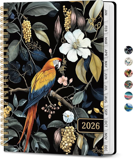 2026 Planner, Weekly and Monthly Planner for Women, January 2026 to December 2026, Pretty Hardcover 2026 Calendar Planner Book with Tabs, Inner Pocket, Spiral Bound, Perfect Office Home School Supplies - 6.3" x 8.5", Tropical Parrot