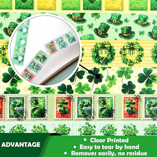 St. Patrick's Day Washi Tape Set, 12 Rolls Green Themed Decorative Tape Shamrocks Lucky Masking Tape for Journaling Supplies, Junk Journal, Scrapbooking, DIY Arts & Crafts, Gift Wrapping