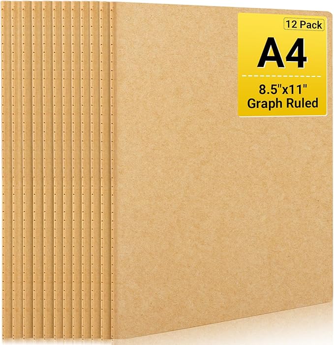 EUSOAR Kraft Graph Notebook, 12 Packs Large A4 8.5" x 11"，40 Sheets/ 80 Pages Journals in Bulk for Writing, Grid Paper Sketchbooks Composition Travel Journal Notebook Set, for Students and Office