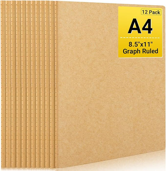 EUSOAR Kraft Graph Notebook, 12 Packs Large A4 8.5" x 11"，40 Sheets/ 80 Pages Journals in Bulk for Writing, Grid Paper Sketchbooks Composition Travel Journal Notebook Set, for Students and Office