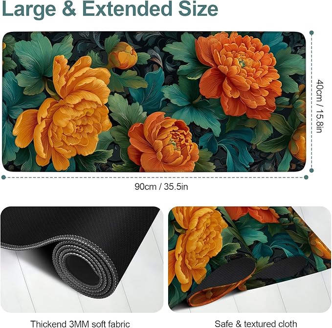 Retro Flower Extended Gaming Mouse Pad 35.4x15.7Inch Large Desk Mat Anti-Slip Rubber Base & Durable Stitched Edges for Gamers Smooth Mouse Writing Surface for Desk Office/Home